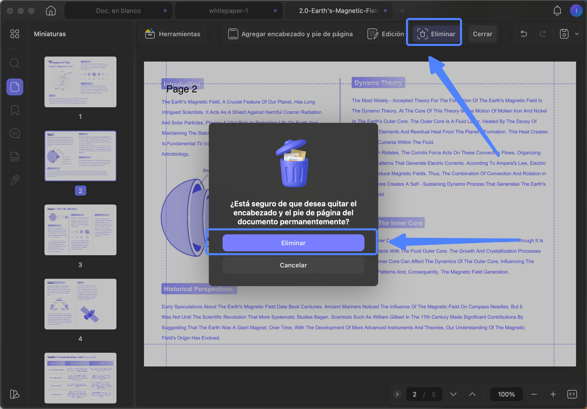 eliminar encabezado y pie de página