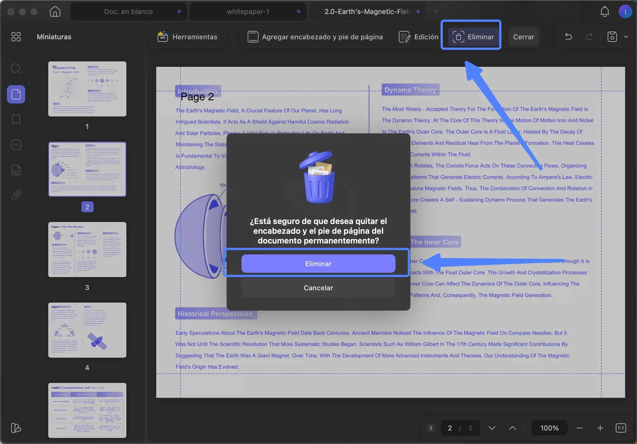 eliminar encabezado y pie de página