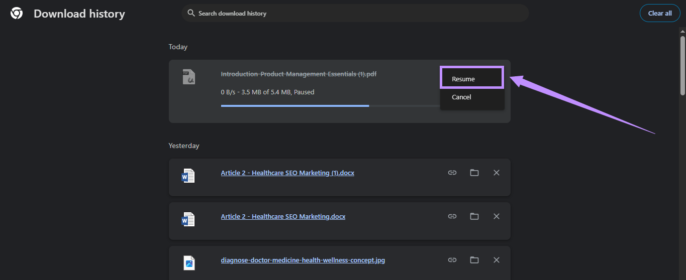 resume the download chrome