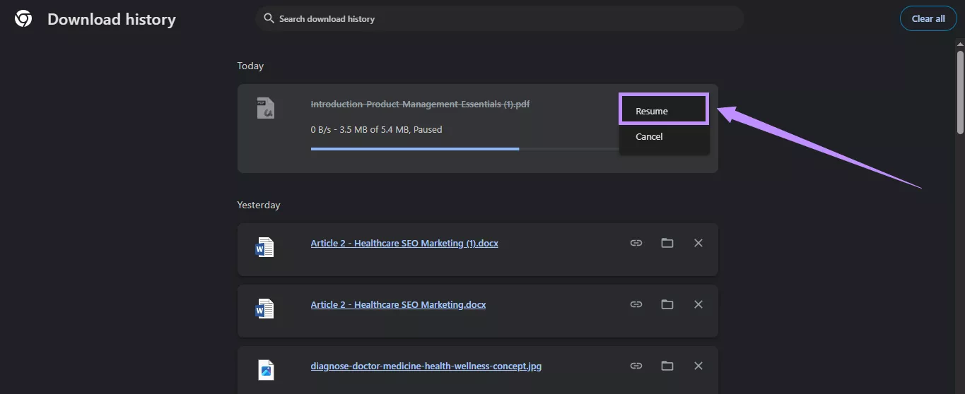 resume the download chrome