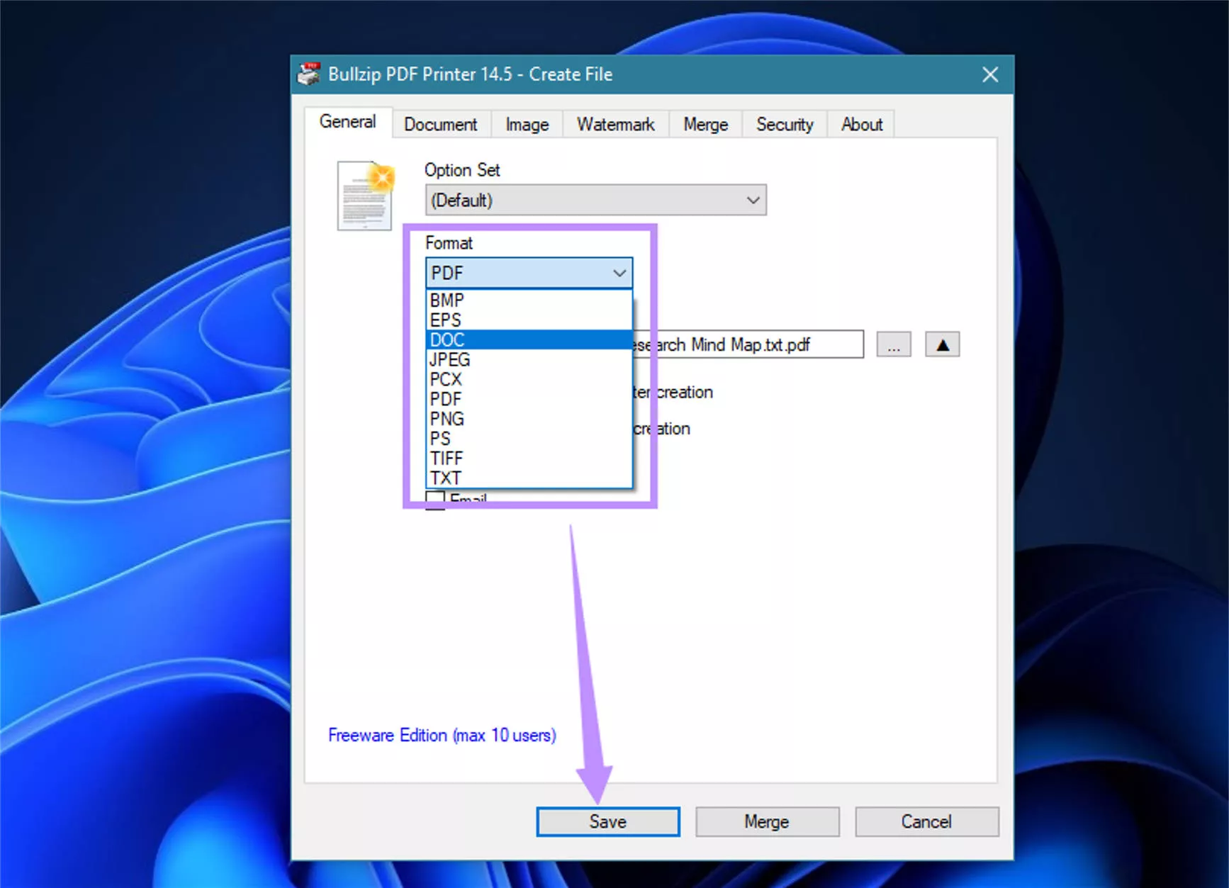 select any file format and click save bullzip pdf printer