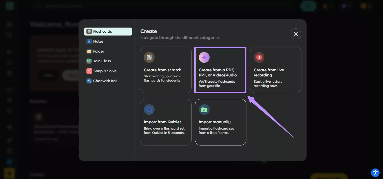 select create from a pdf, ppt, or video/audio Knowt