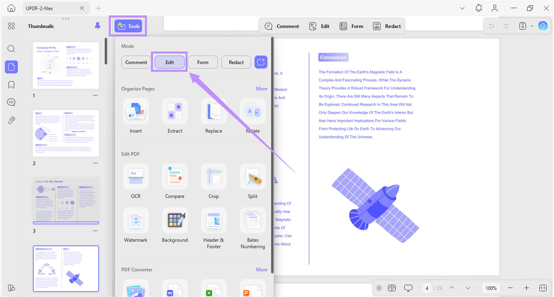 select edit under tools updf windows