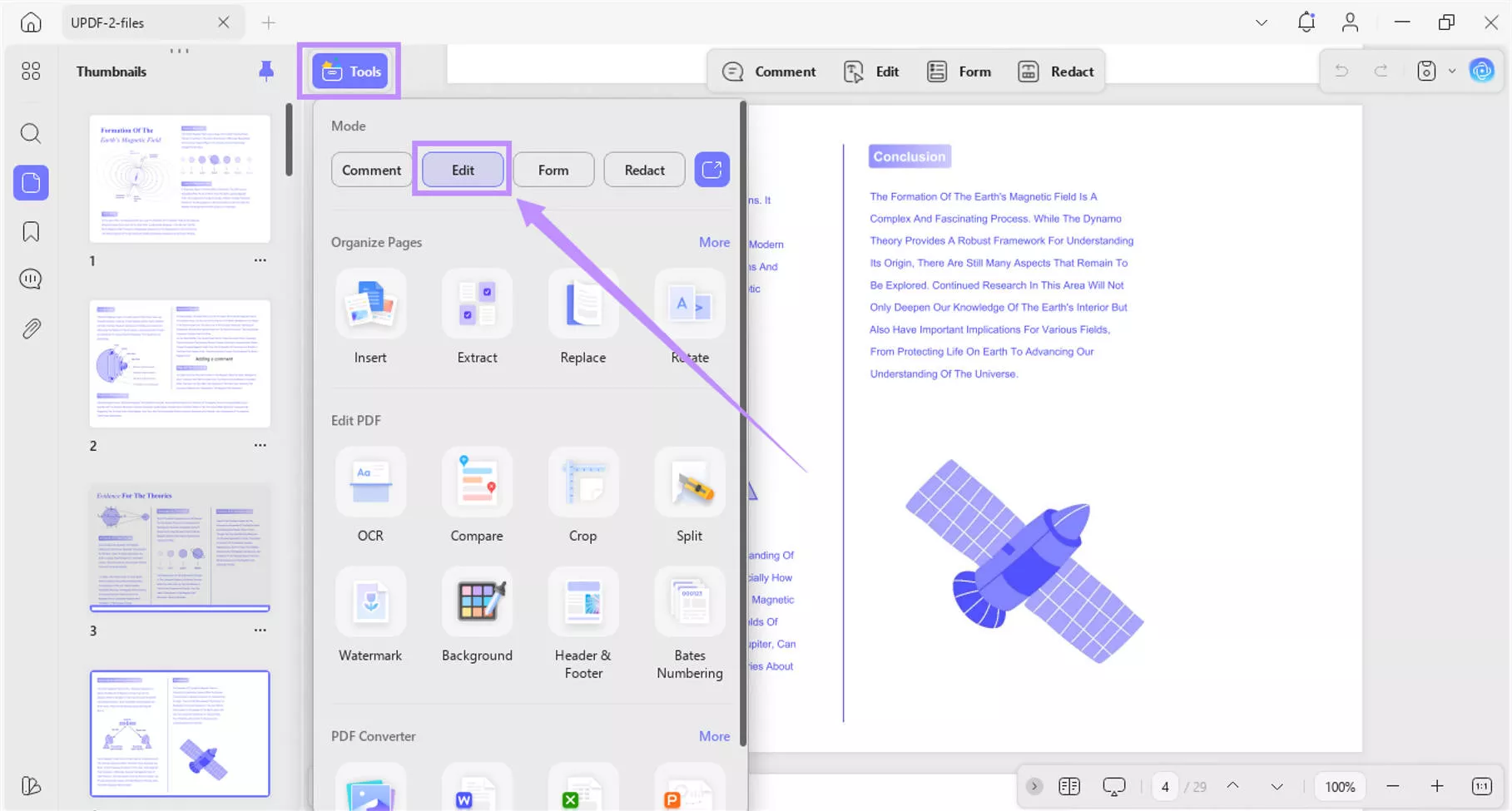 select edit under tools updf windows