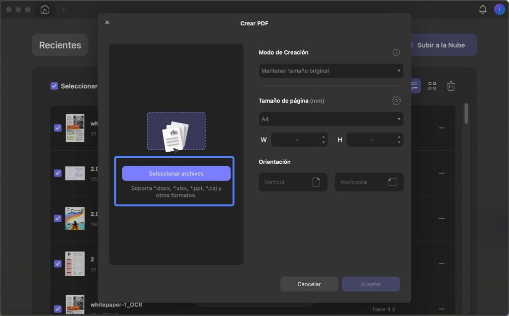 Seleccionar archivos para crear