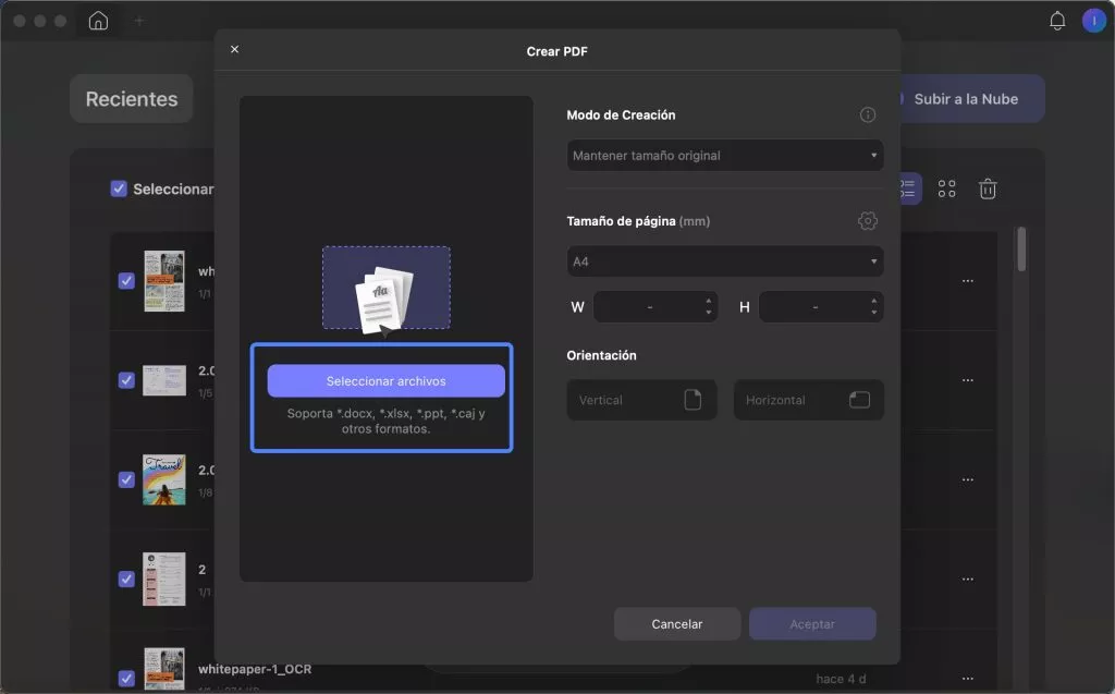 Seleccionar archivos para crear