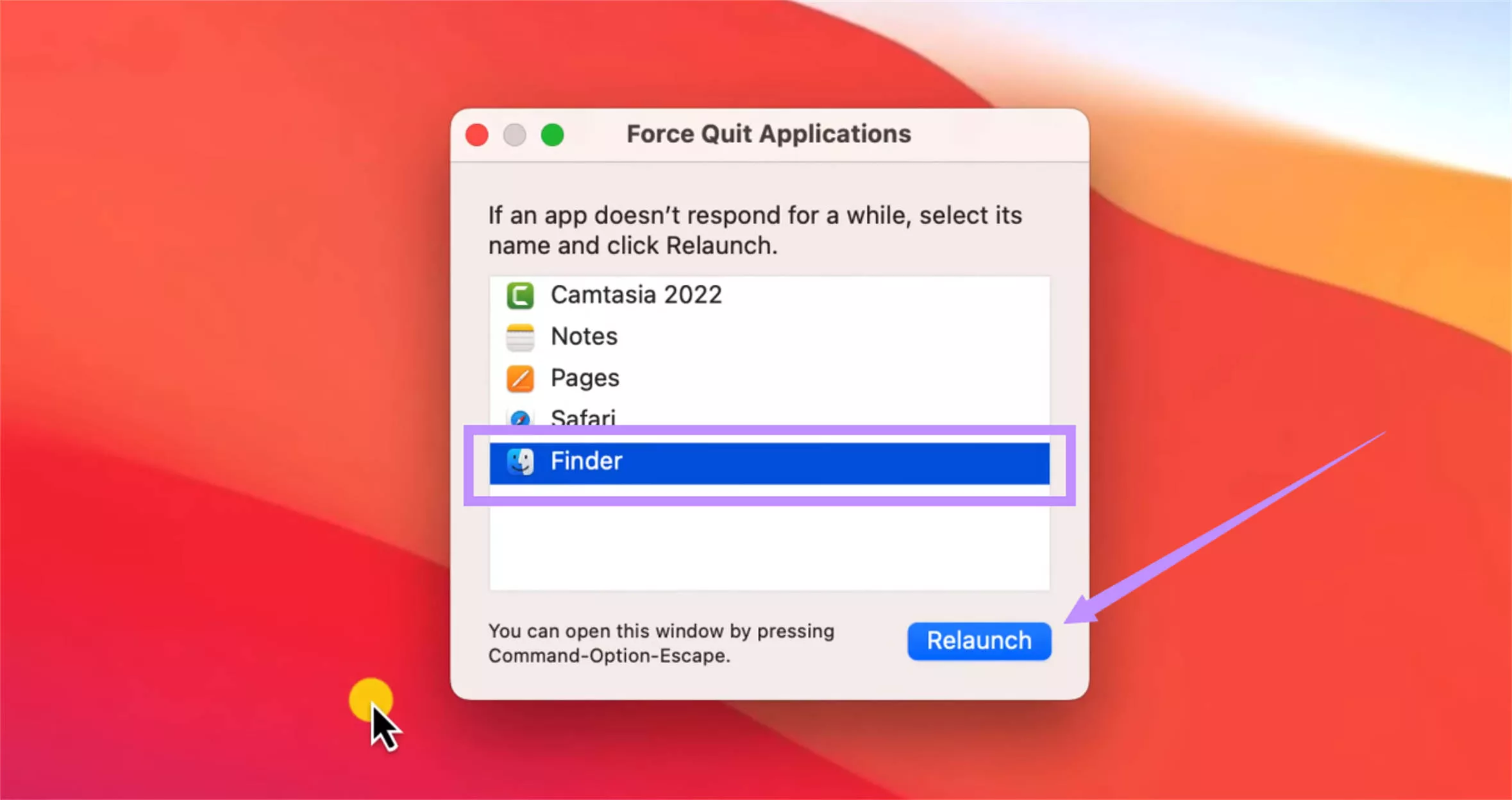 select finder and click relaunch mac