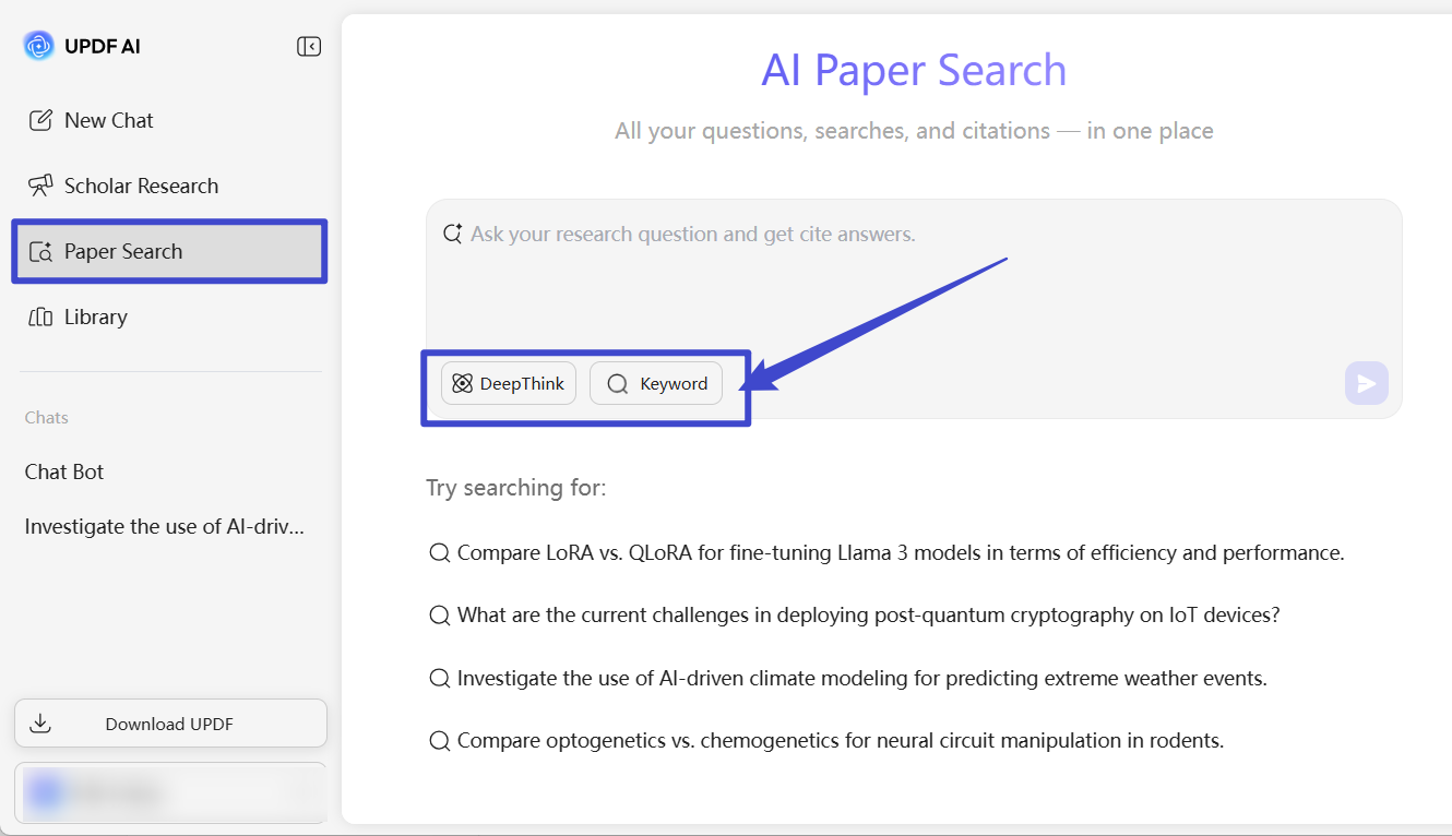 select the paper search mode in updf ai