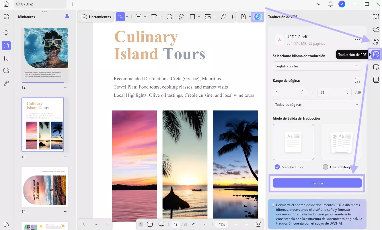 Selecciona las opciones de traducción y haz clic en traducir UPDF Windows.
