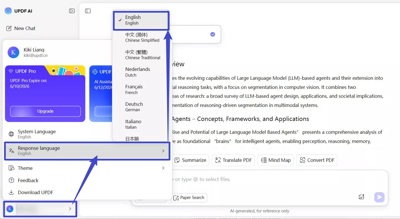 select the updf ai response language