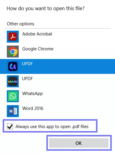 select updf as default app to open pdf and click ok windows