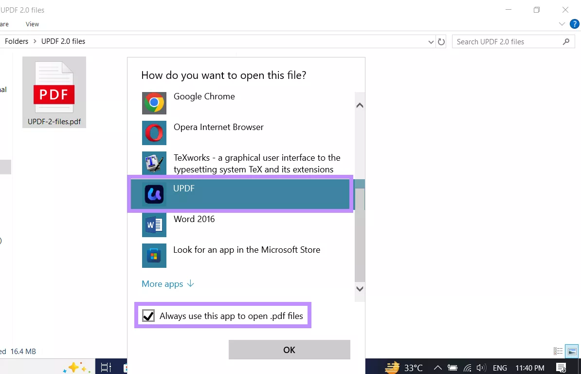 select updf as the default pdf viewer windows