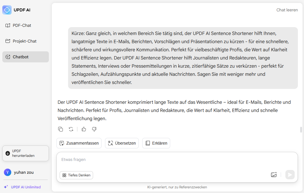 UPDF KI Sätze kürzen