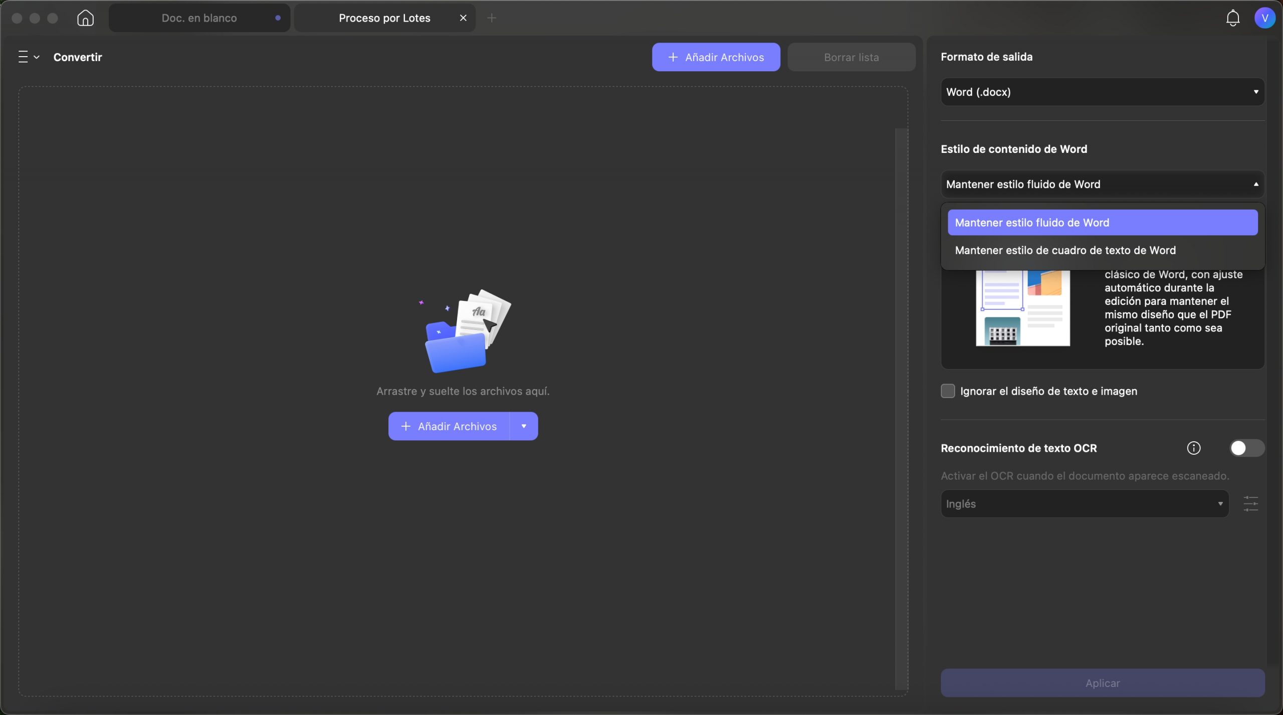 Establecer la configuración de conversión por lotes y aplicar updf en Mac