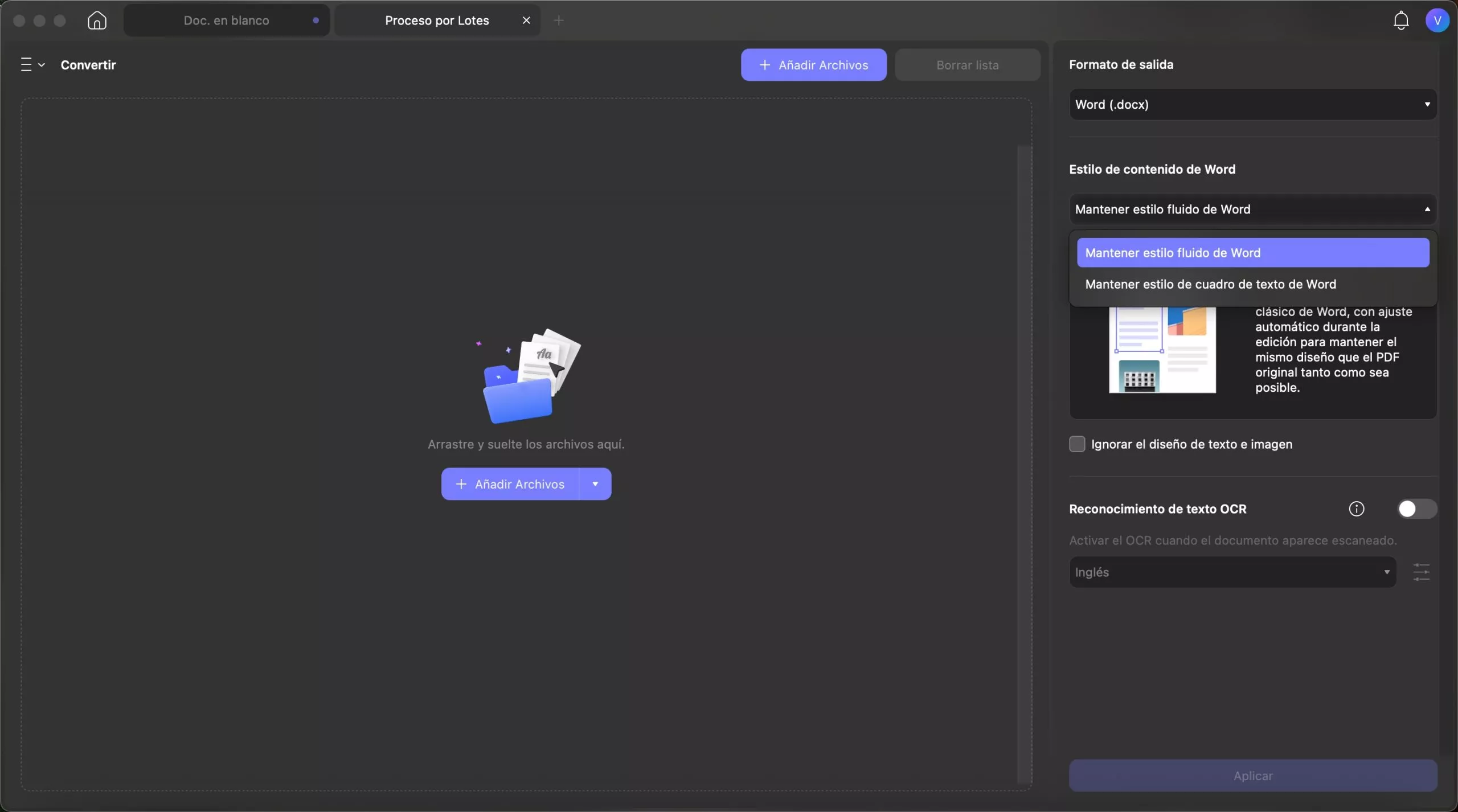 Establecer la configuración de conversión por lotes y aplicar updf en Mac