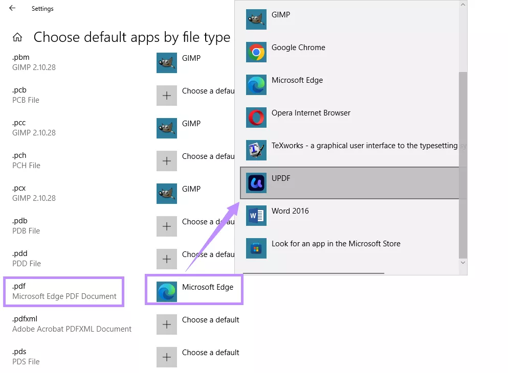 set updf as the default pdf app in windows setting