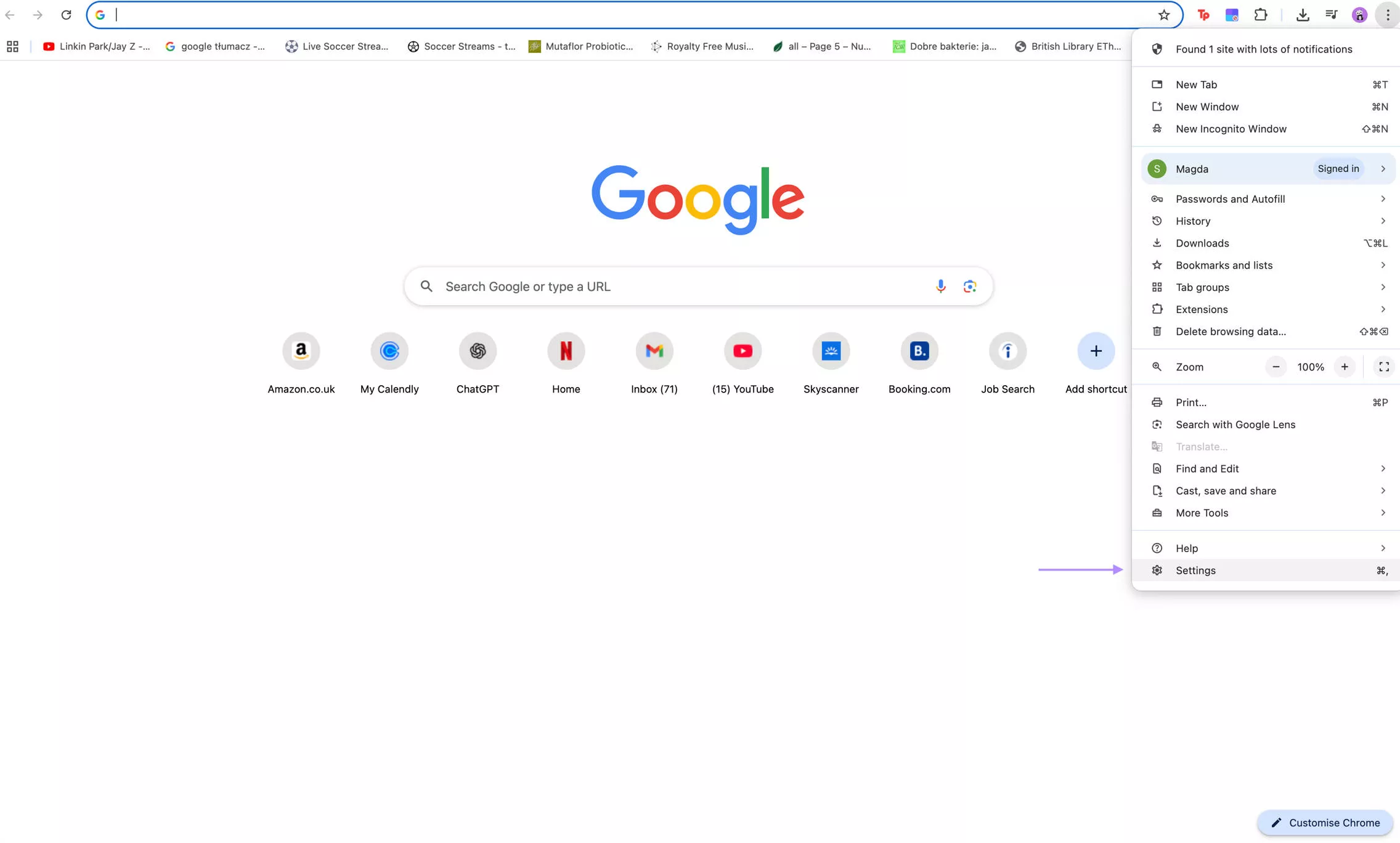 setting in browser