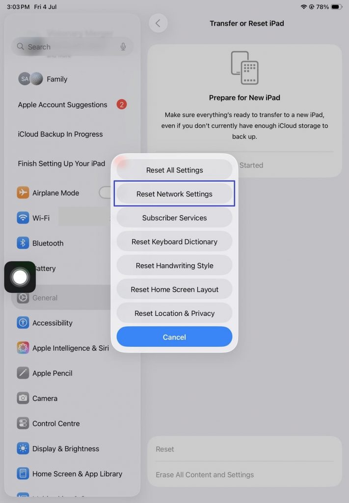 continue to reset network settings