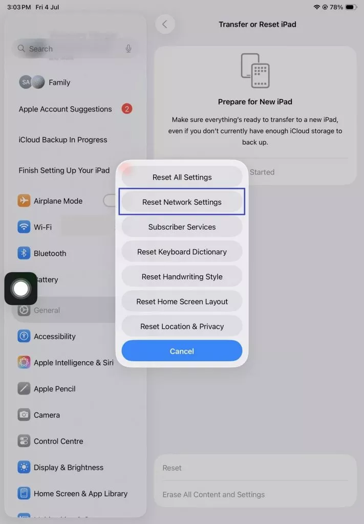 continue to reset network settings