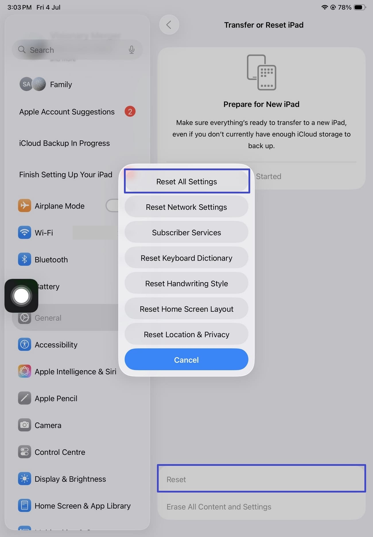 reset all settings option