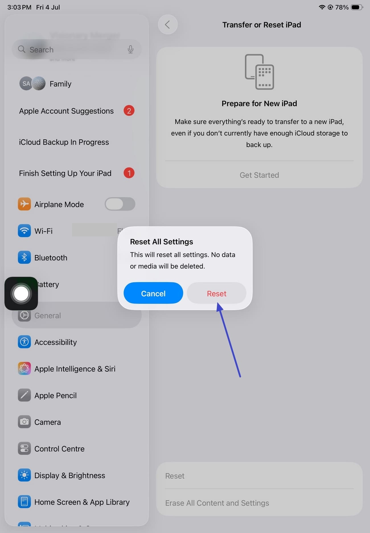 choose reset option for confirmation