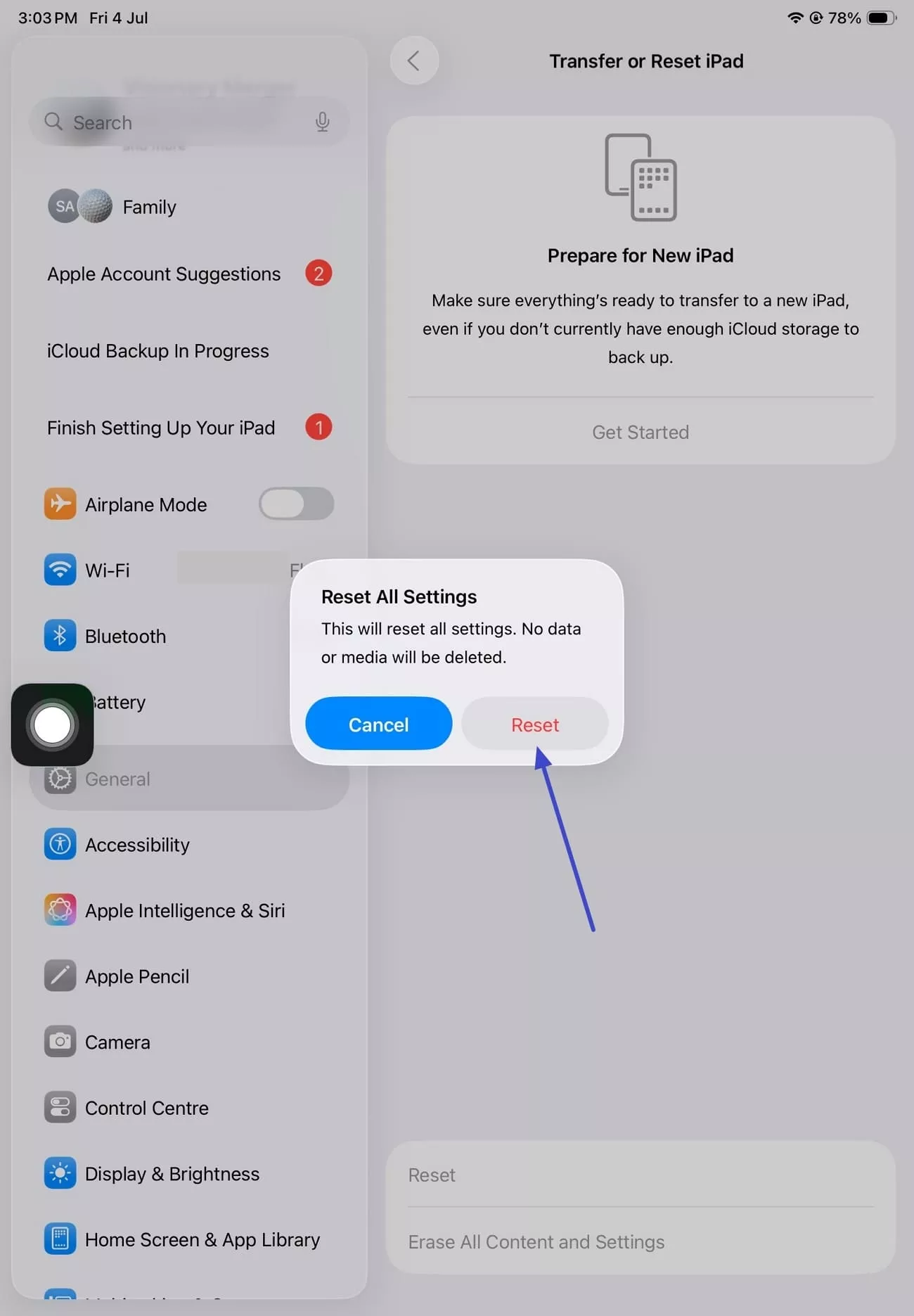 choose reset option for confirmation
