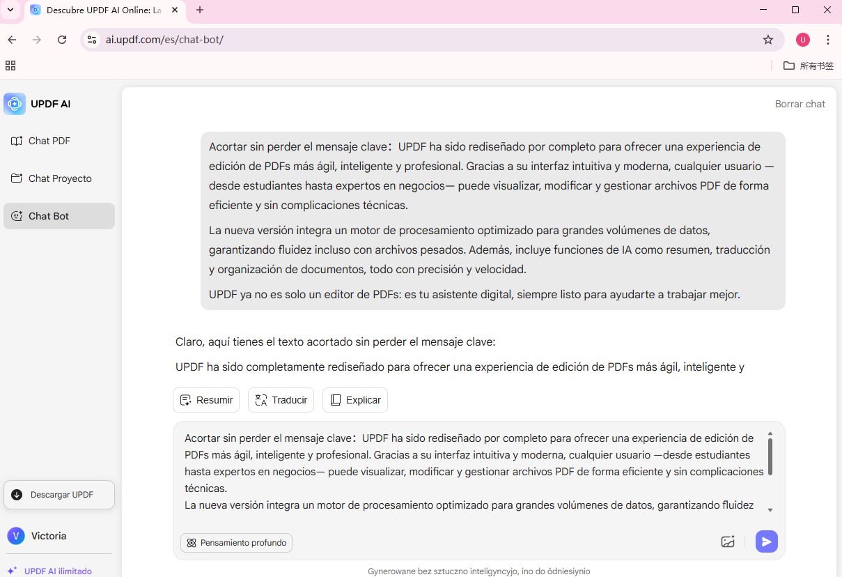 UPDF AI acortar frases