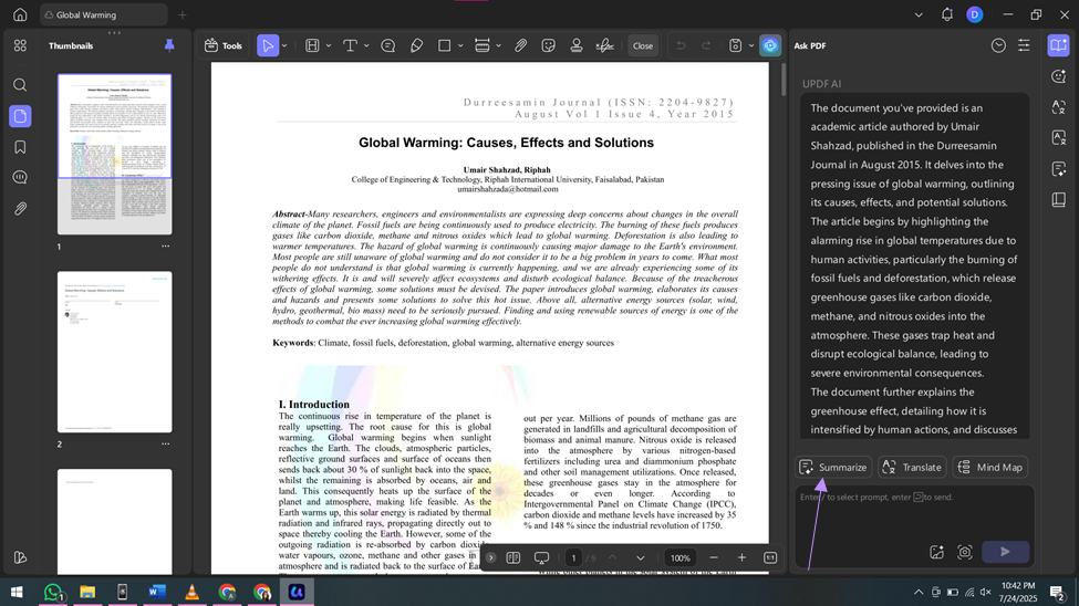 summarize a section of the pdf updf ai windows
