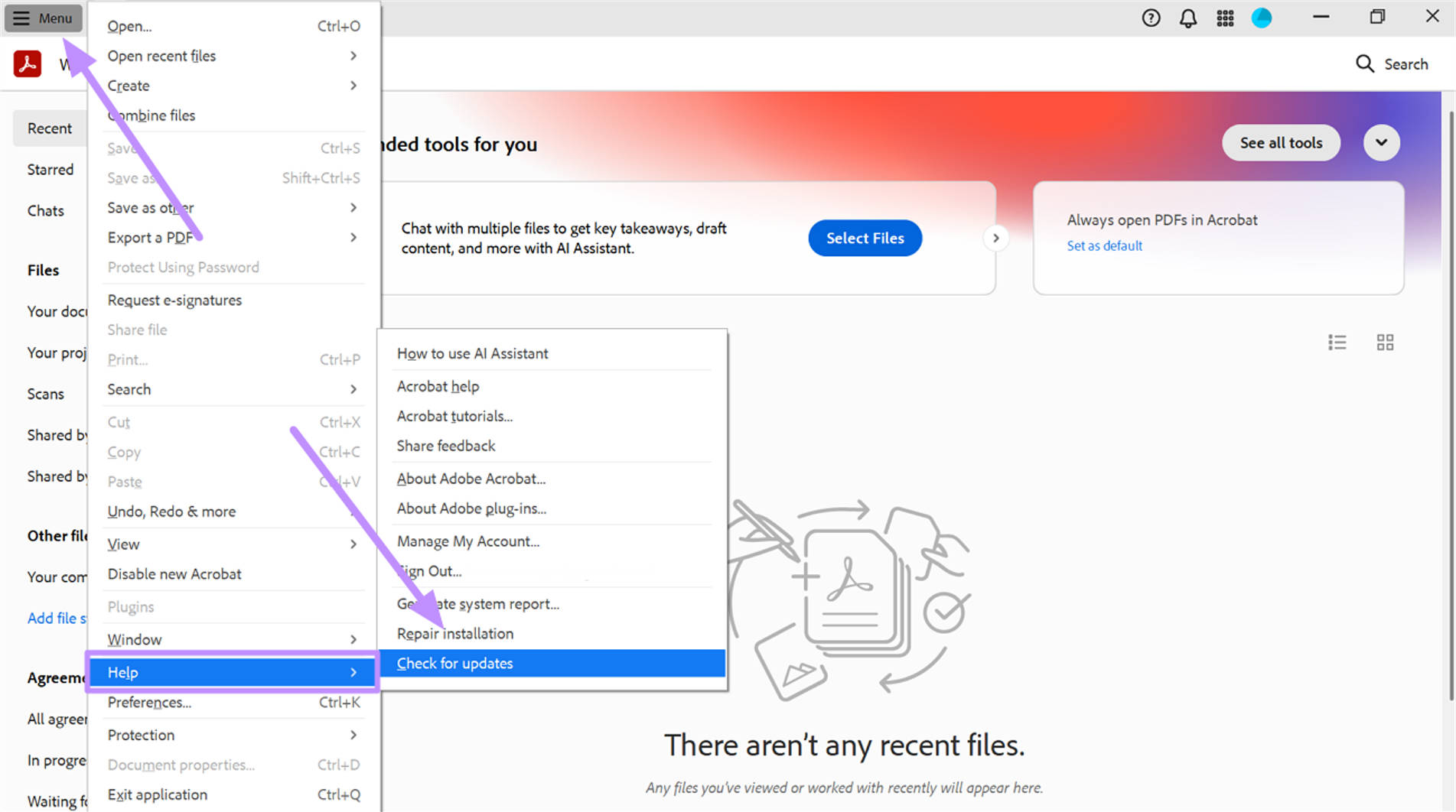 tap on check for updates acrobat windows