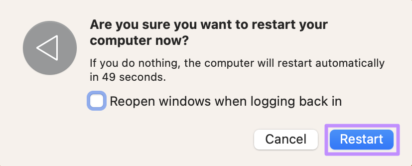 tap on restart button mac