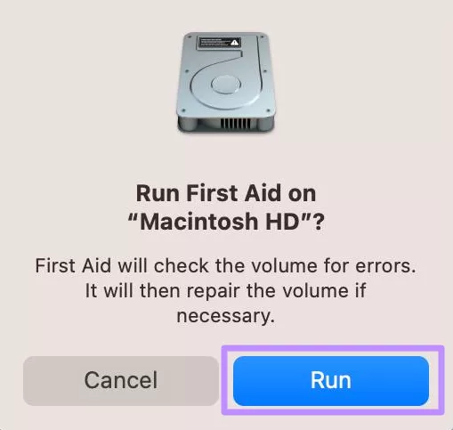 tap on run for disk repair mac
