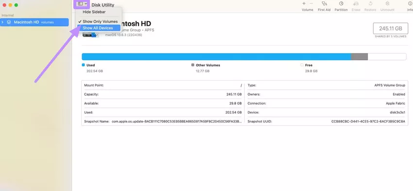 tap on show all devices mac