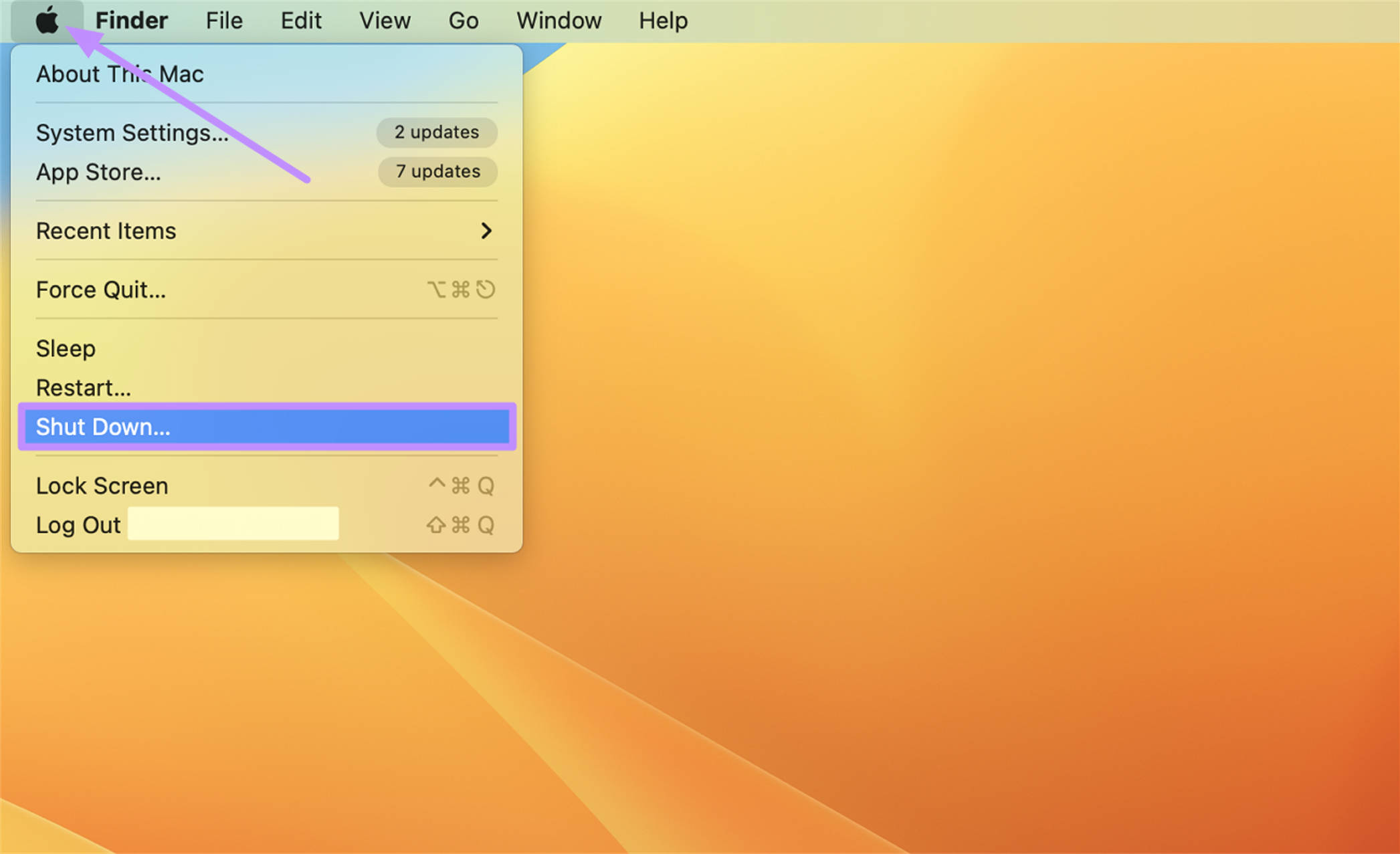 tap on shut down option mac