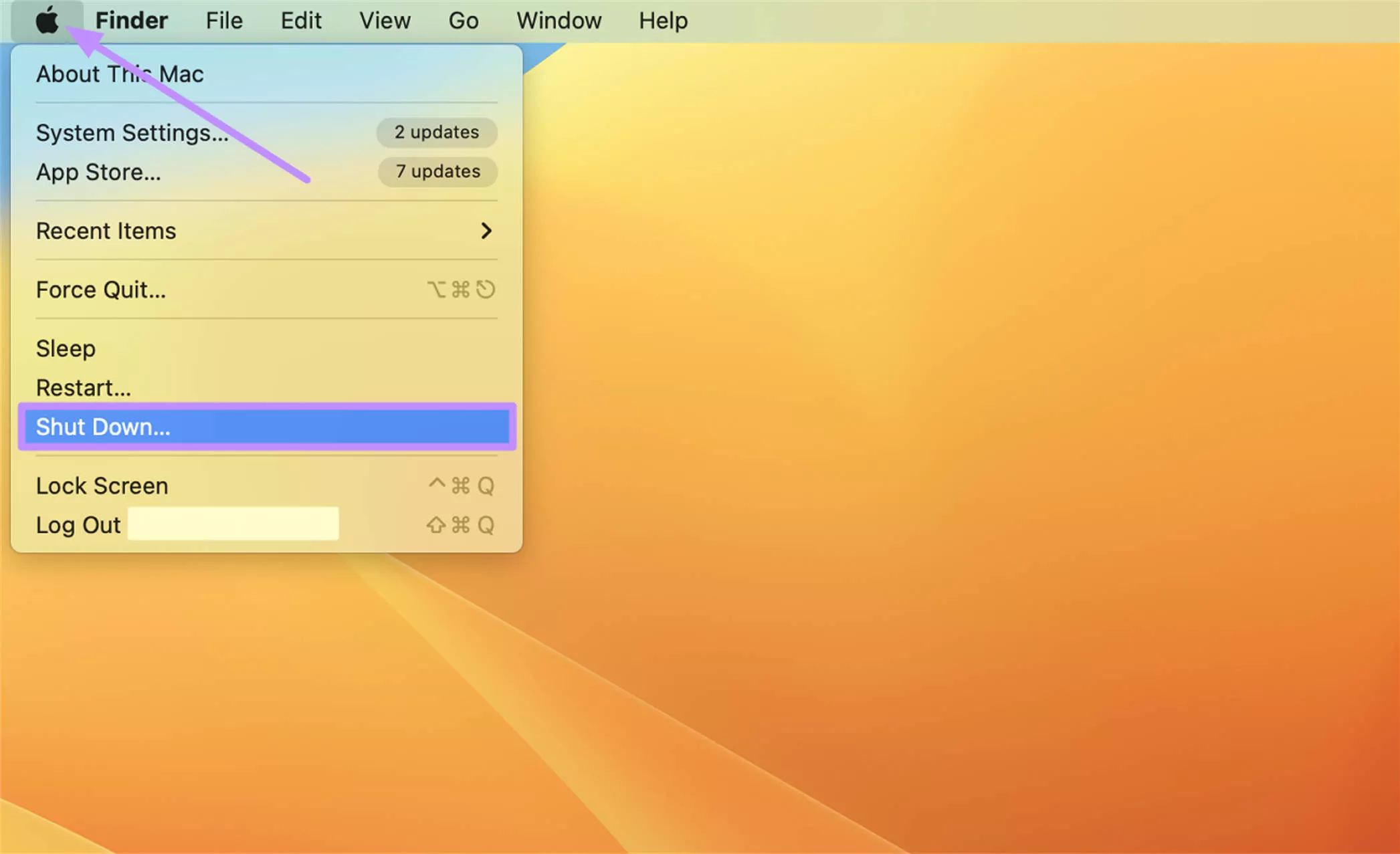 tap on shut down option mac
