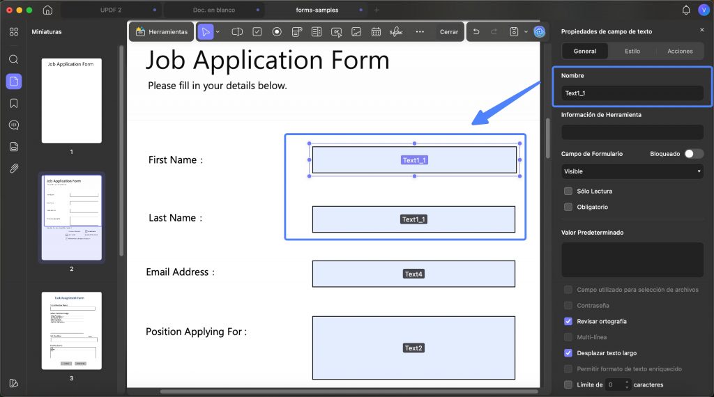 Nombre del campo de texto en un formulario PDF con UPDF para Mac