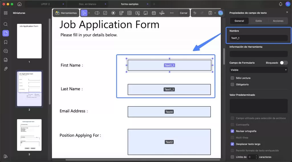 Nombre del campo de texto en un formulario PDF con UPDF para Mac
