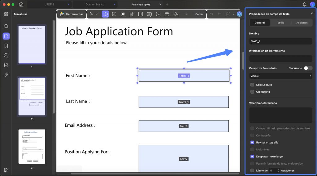 propiedades del campo de texto en PDF con UPDF en Mac