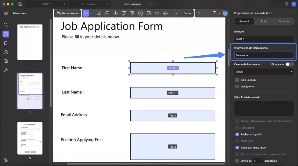 Información sobre herramientas del campo de texto en un formulario PDF con UPDF para Mac