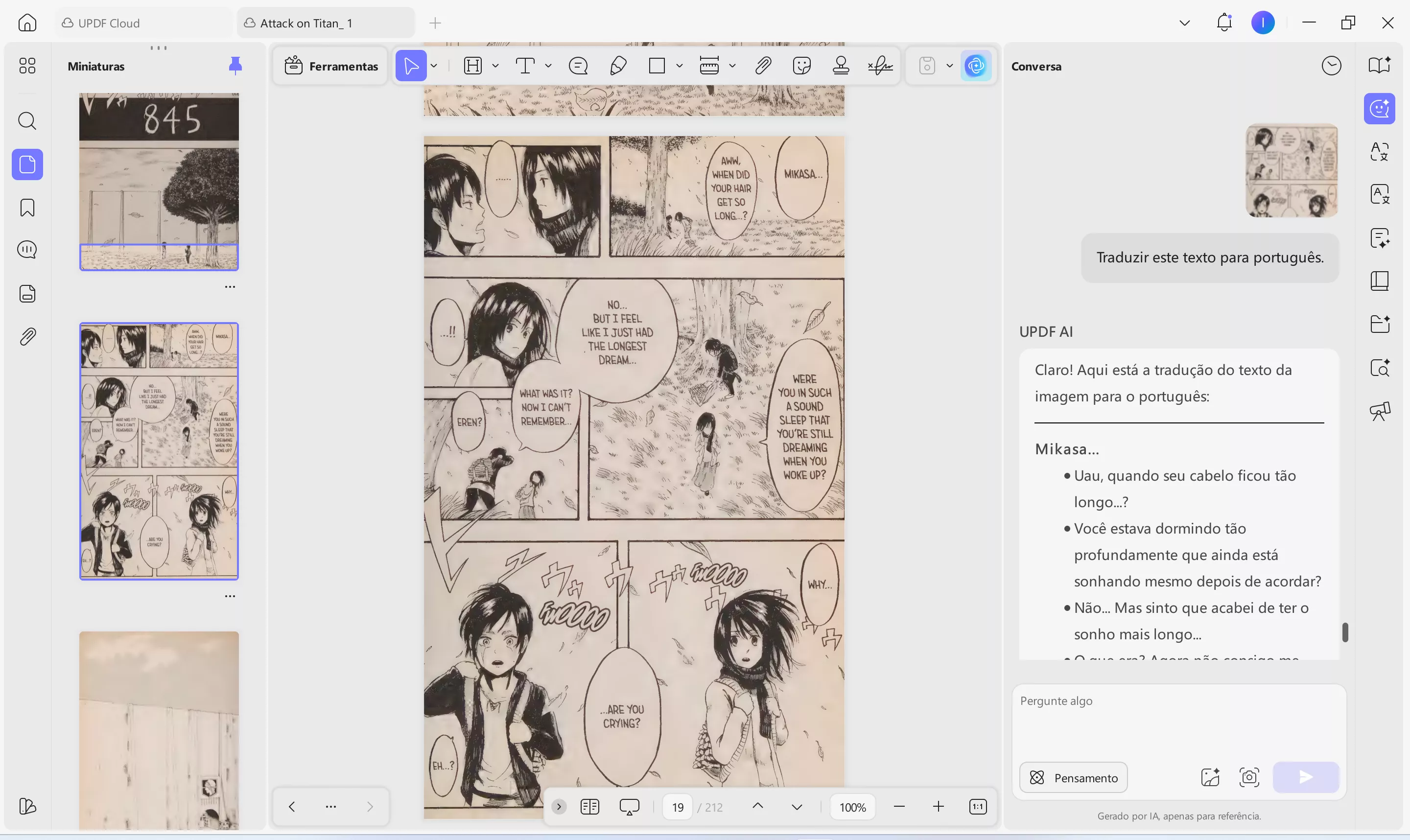 Se você estiver lendo mangá em outro idioma, o UPDF AI pode traduzi-lo rapidamente.