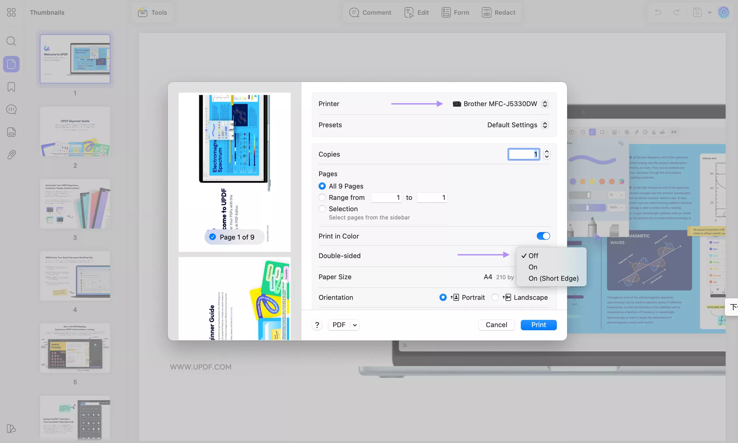 turn off double sided to print updf mac