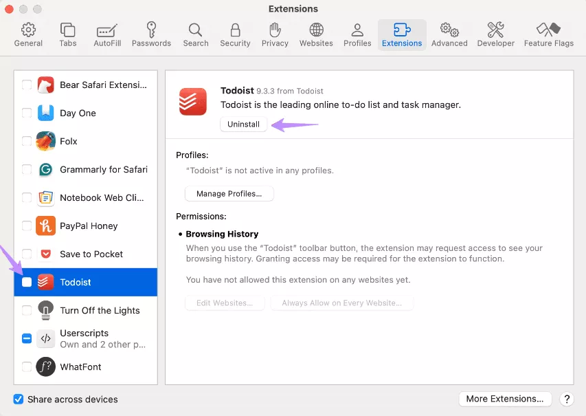 uninstall extension for safari