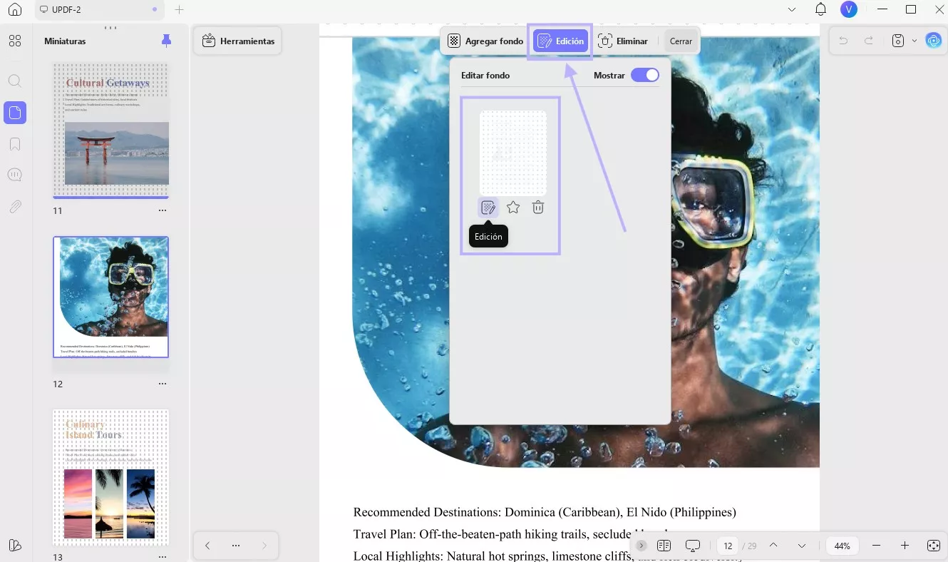 Editar el fondo existente del PDF