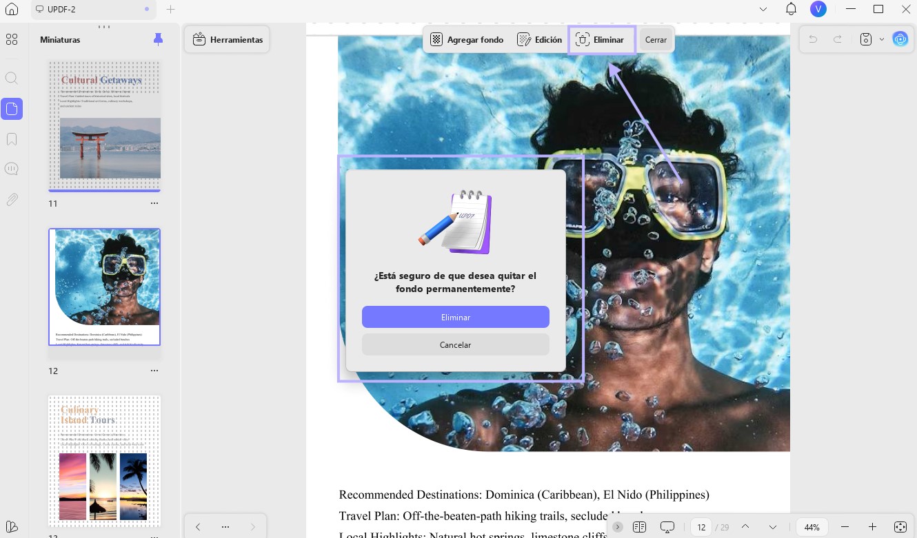 eliminar el fondo añadido al pdf