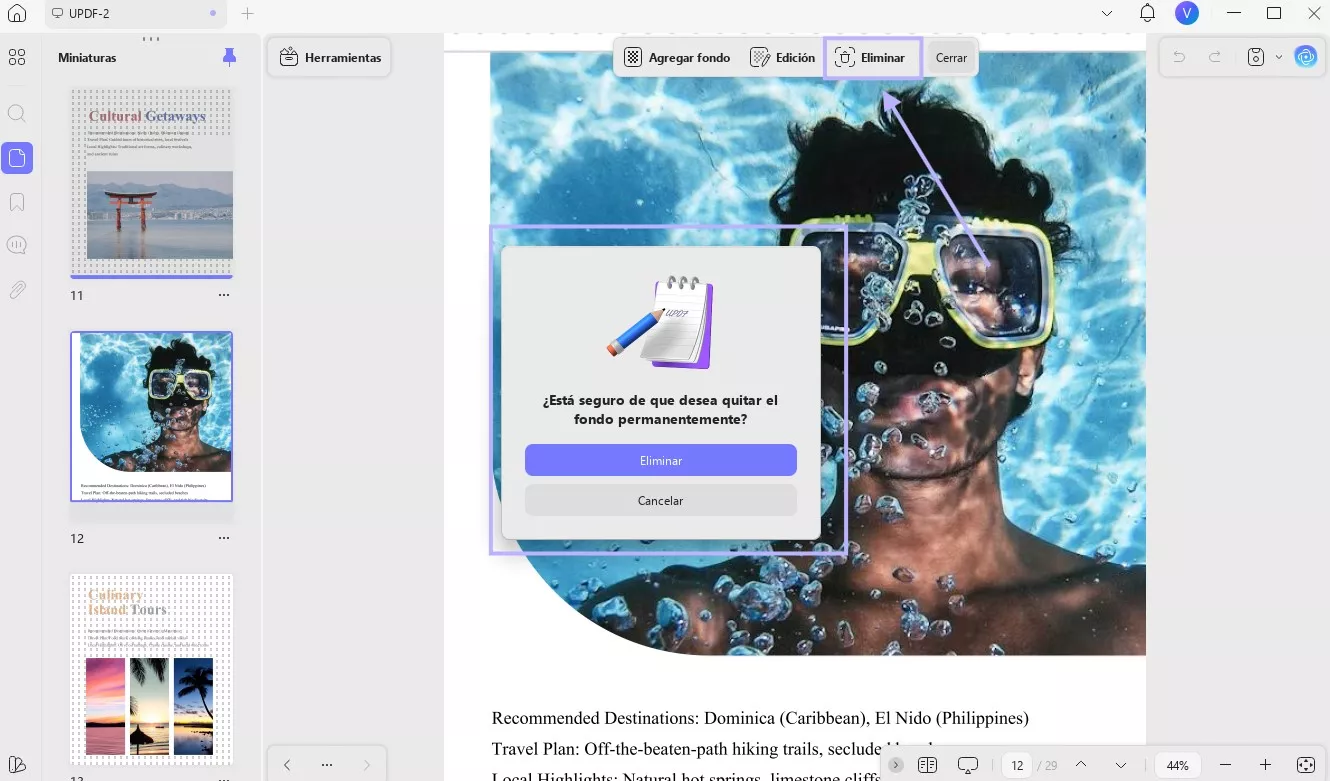 eliminar el fondo añadido al pdf