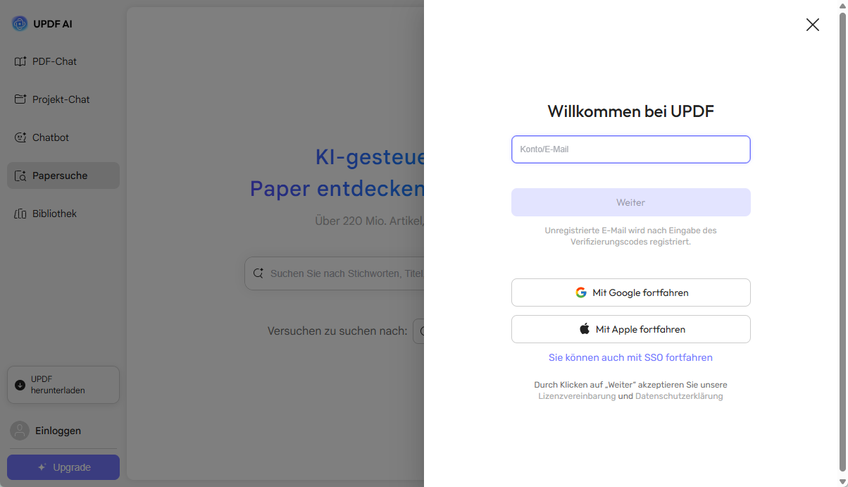 UPDF AI Papiersuche anmelden