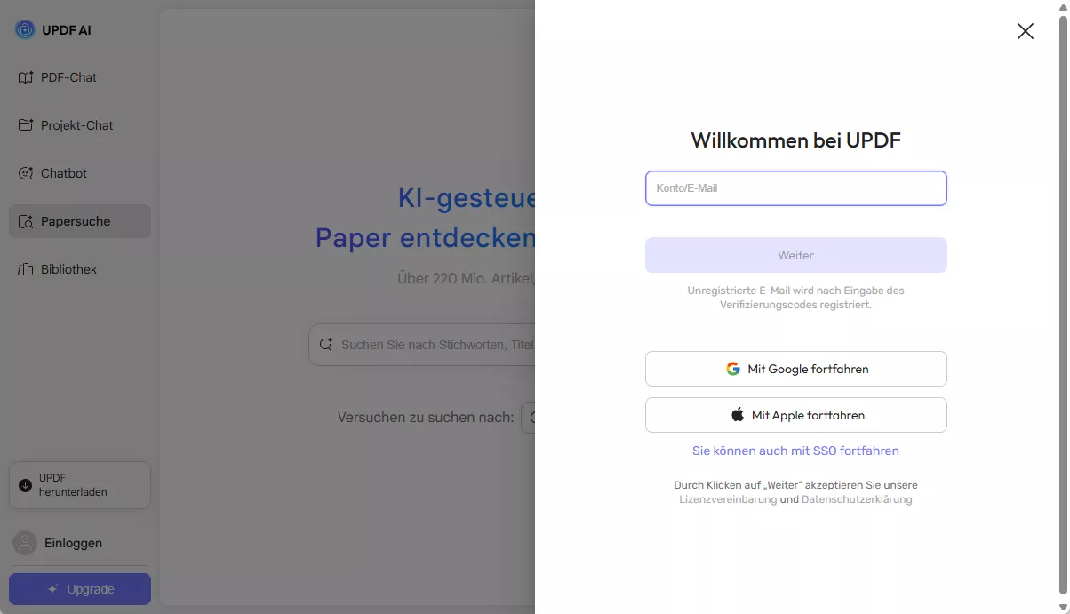 UPDF AI Papiersuche anmelden