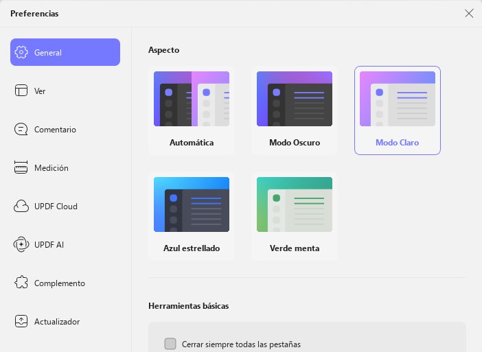 Acceder a las preferencias generales de apariencia en UPDF para Windows