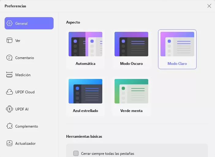 Acceder a las preferencias generales de apariencia en UPDF para Windows