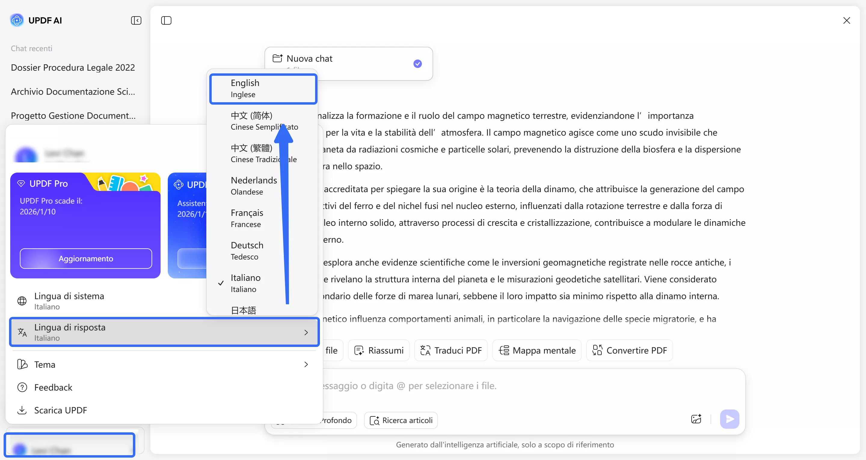 select the updf ai response language