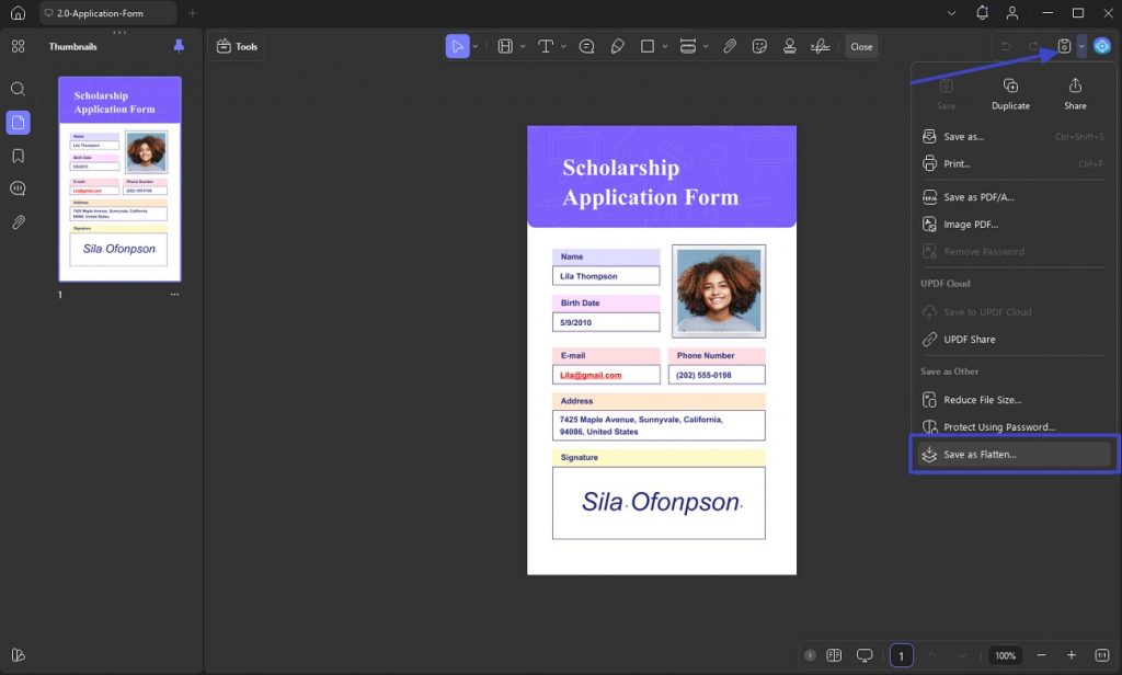 save as flatten pdf option